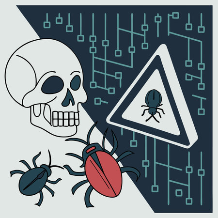 Vector illustration featuring cyberattack symbols like skulls and bugs, ideal for cybersecurity warnings, hacking themes, and tech designs.の写真素材