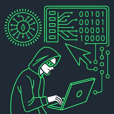 A bold vector featuring hacker motifs in neon green against dark backgrounds, symbolizing cybersecurity, hacking culture, and technology.のイラスト素材