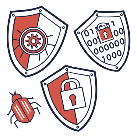 A detailed vector featuring shield icons with cybersecurity symbols, representing data protection, encryption, and digital safety.のイラスト素材