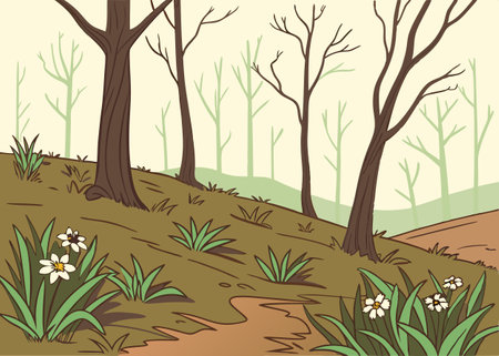 Illustration of a forest landscape with trees, grass and flowers.のイラスト素材