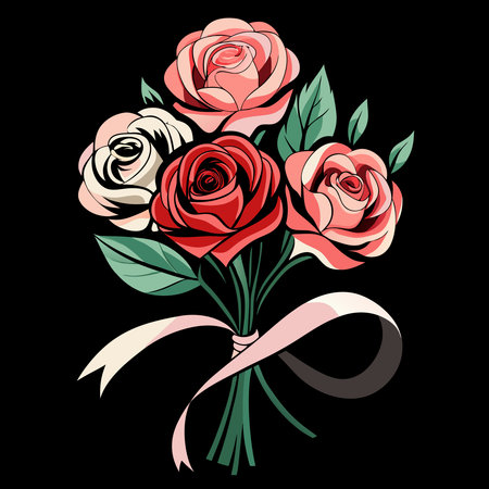 A charming vector illustration of a bouquet of roses tied with a ribbon, perfect for elegant designs and gifts.のイラスト素材