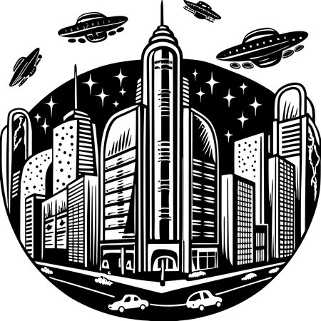 Striking silhouettes of futuristic cityscapes with sleek architecture and innovative designs, symbolizing advanced technology and modern urban living. Ideal for sci-fi themes, tech branding, and creative design projects.のイラスト素材