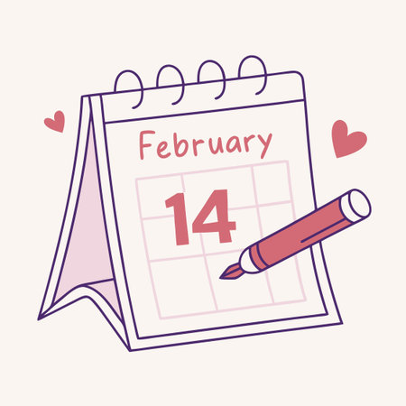 A romantic vector illustration of a calendar with February 14 marked by a heart, perfect for Valentine's designs.のイラスト素材