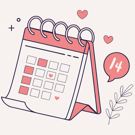 A romantic vector illustration of a calendar with February 14 marked by a heart, perfect for Valentine's designs.のイラスト素材