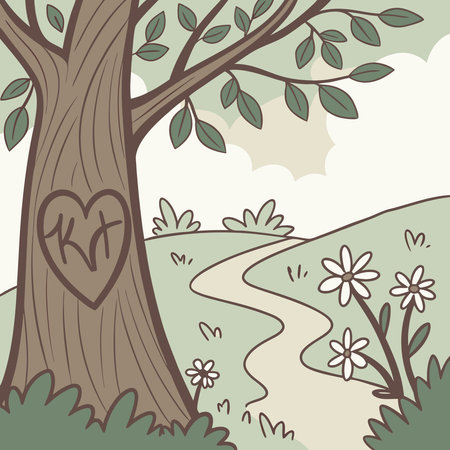 A romantic vector illustration of a tree carved with a heart and initials, symbolizing love and memories.のイラスト素材