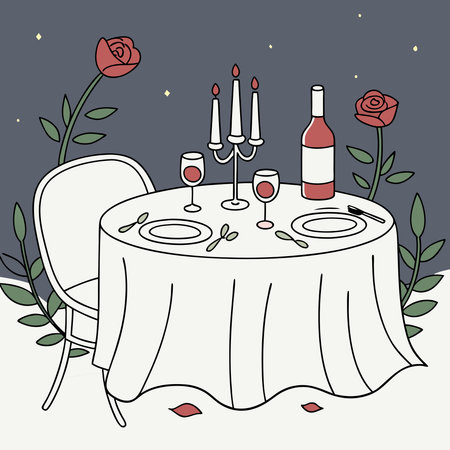 An elegant vector illustration of a romantic dinner setup featuring candles and wine, perfect for love-themed designs.のイラスト素材