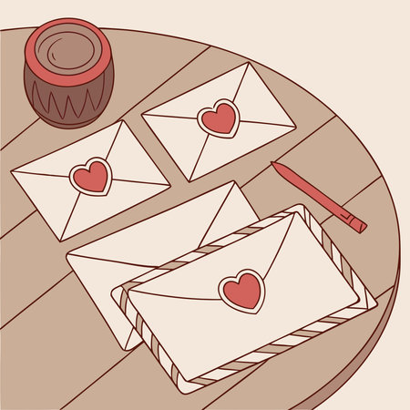 A charming vector illustration of love letters sealed with heart-shaped wax seals, perfect for romantic designs.のイラスト素材
