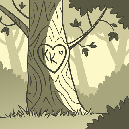 A romantic vector illustration of a tree carved with a heart and initials, symbolizing love and memories.のイラスト素材