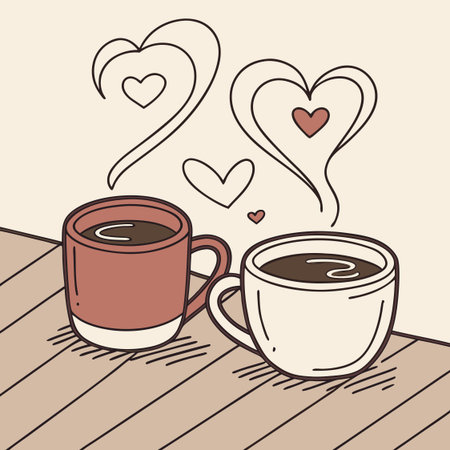 A romantic vector illustration of two coffee mugs with heart-shaped steam, perfect for love-themed designs.のイラスト素材