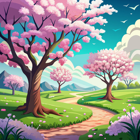 A serene vector background featuring cherry blossom trees in a sunny meadow, symbolizing spring and nature.のイラスト素材