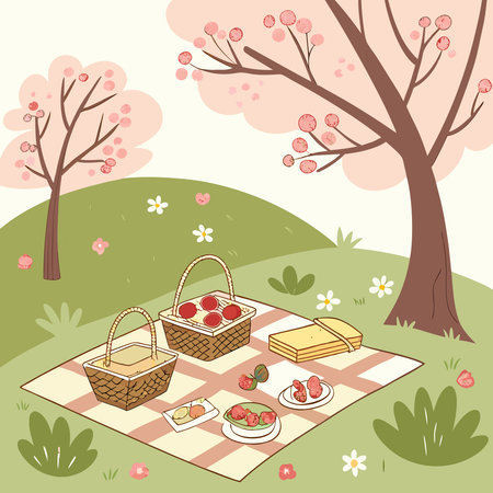 A cheerful vector illustration of a spring picnic setup with delicious food and blooming flowers, perfect for seasonal designs.のイラスト素材
