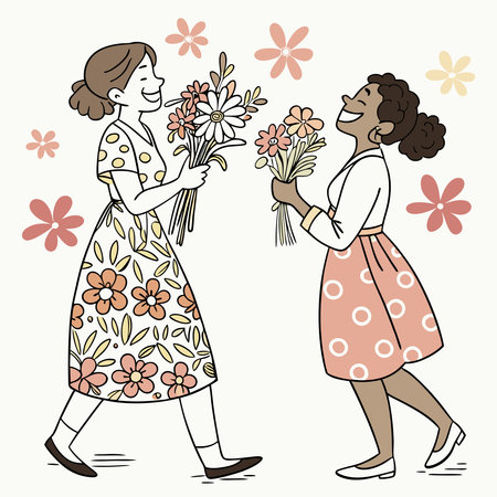 A graceful vector illustration of women in floral dresses, holding beautiful bouquets, celebrating femininity and nature.のイラスト素材