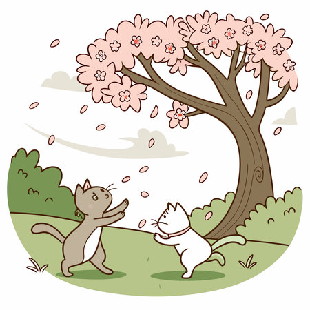 A charming vector illustration of playful cats frolicking under a blooming cherry blossom tree, full of joy.のイラスト素材