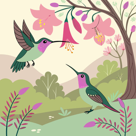Vibrant vector illustration of hummingbirds drinking nectar from flowers, showcasing nature's beauty and grace.のイラスト素材