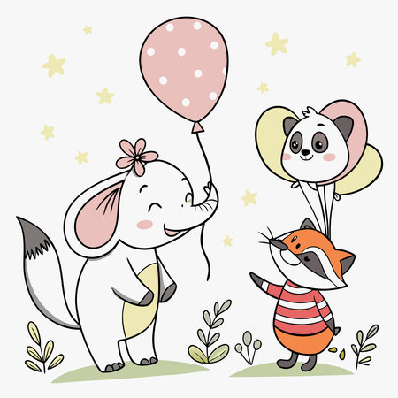 Charming vector illustration of cute watercolor animal characters, perfect for kids' projects and designs.のイラスト素材