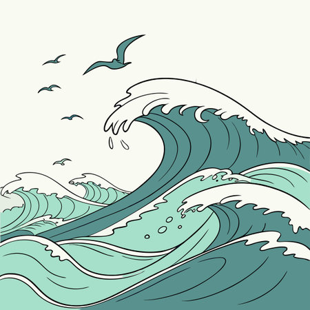 A tranquil watercolor illustration of ocean waves, ideal for coastal-themed designs and relaxing art.のイラスト素材