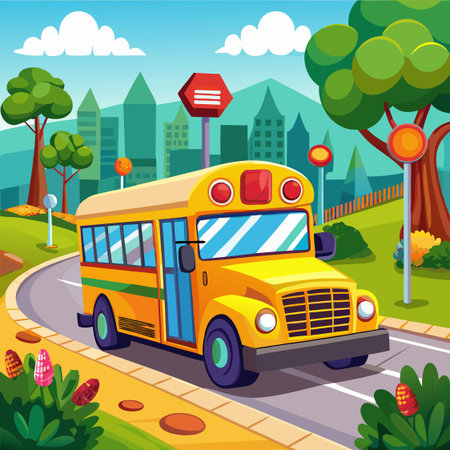 A detailed vector illustration of a classic yellow school bus with stop signs and bright paintwork.