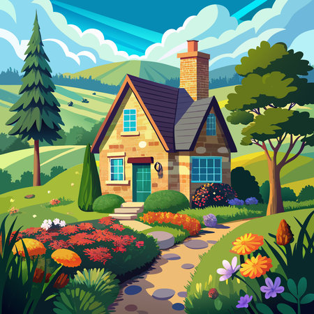 A charming countryside cottage with a stone chimney, lush flowerbeds, and a peaceful rural landscape.のイラスト素材