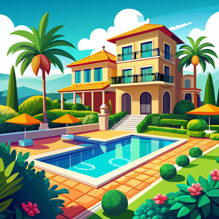 A luxurious villa featuring a stunning swimming pool and a beautifully landscaped garden in a serene setting.のイラスト素材
