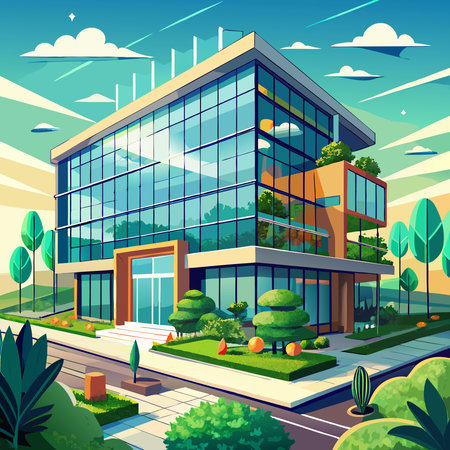A modern office building with a sleek glass and a lush rooftop garden, showcasing contemporary architecture.のイラスト素材