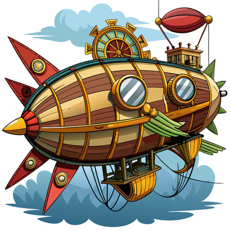 A detailed steampunk airship with large propellers, metallic gears, and a vintage industrial design.のイラスト素材