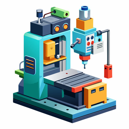 Precision CNC milling machine on white background for industrial and technical visuals.のイラスト素材