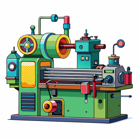 Industrial lathe machine on white background for engineering and factory visuals.のイラスト素材