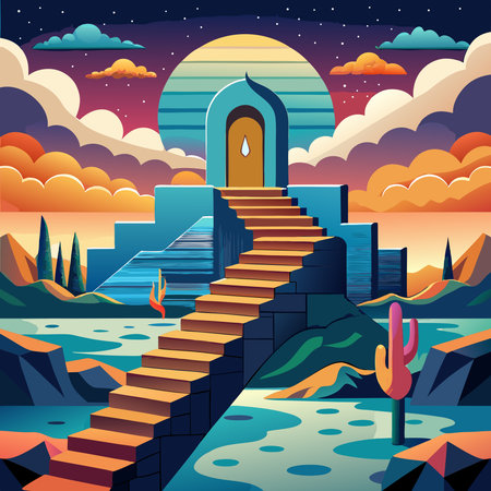 Stairway floating endlessly into the sky, creating a surreal and dreamy scene.のイラスト素材