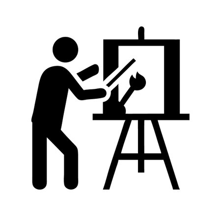 Painting icon vector male person with paintbrush and easel in flat color glyph pictogram illustrationのイラスト素材
