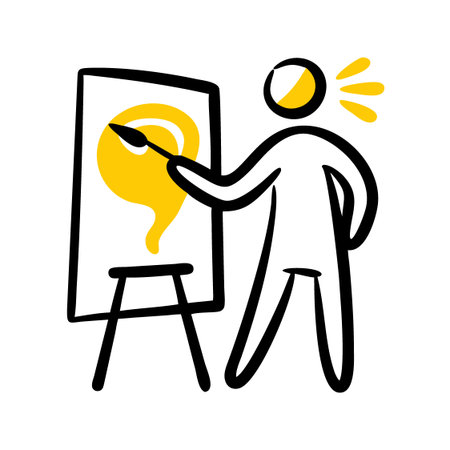 Painting. Hand drawn vector illustration of a painter drawing a picture on canvas.のイラスト素材