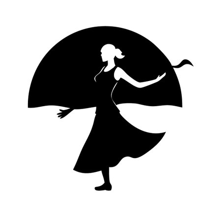 Silhouette of a woman in a long dress with a large umbrellaのイラスト素材