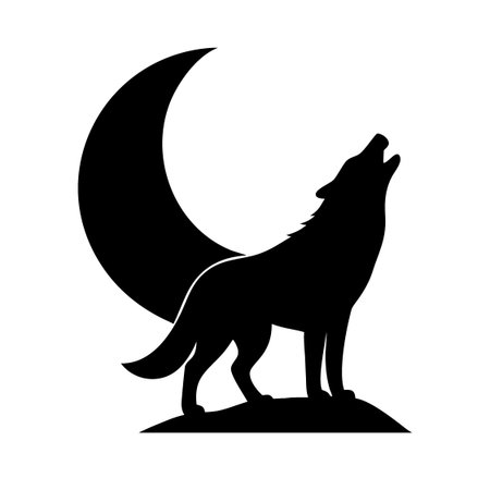 Black silhouette of a wolf with a crescent moon on a white background