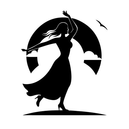 Silhouette of a beautiful woman dancing on the beach. Vector illustration.のイラスト素材