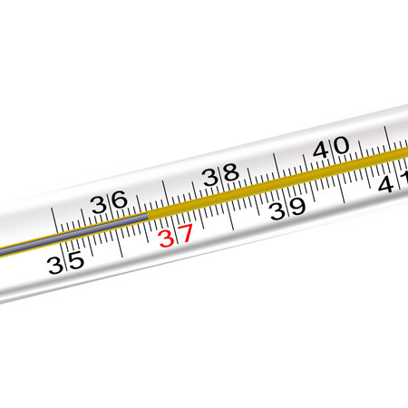 Close-up of a mercury thermometer. 36,6. Illustration on white