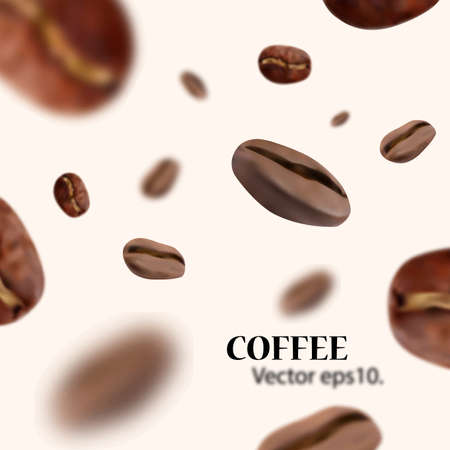 Vividly flying realistic coffee beans with blur effect. White background. Vector illustrationのイラスト素材
