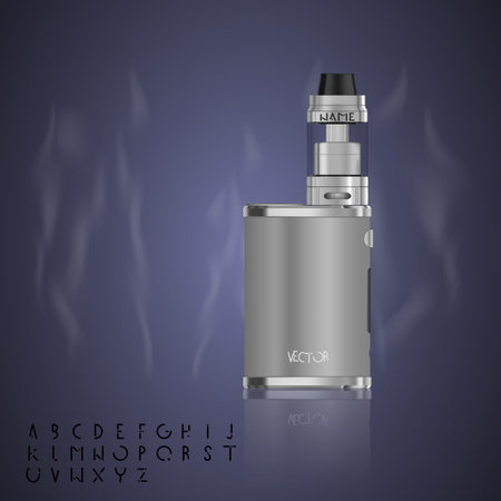 Vape Realistic Atomizer and mod. Creating corporate identity. Personal vape style and its name. Set font letters.のイラスト素材