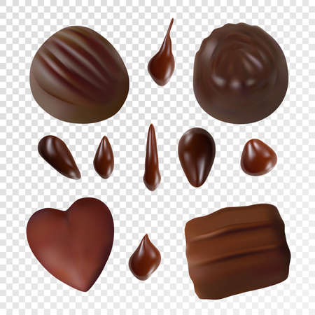 Assorted chocolates on transparent background Vector realistic set of chocolate drops and sweets candiesのイラスト素材
