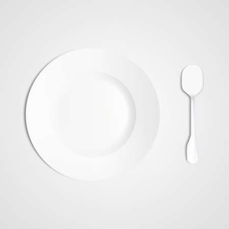 Realistic spoon and dish plate closeup isolated on white background. Design template or mock up. Top view. Vector eps10.のイラスト素材