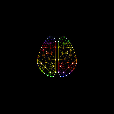 Low poly gradient wireframe brain glowing with dot and line on black background