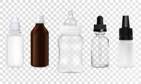 Vector set realistic plastic and glass pharmaceutical medical bottle lid mockup set. 3d blank white, transparent colored packaging templatesのイラスト素材