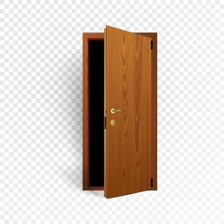 Realistic vector Illustration of opened classic wooden door isolated on transparent background.のイラスト素材