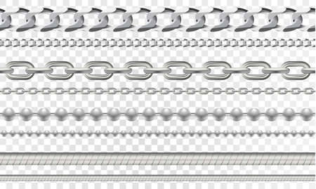 Set of seamless realistic vector silver chains. Vector illustration of silver links isolated on transparent backgroundのイラスト素材