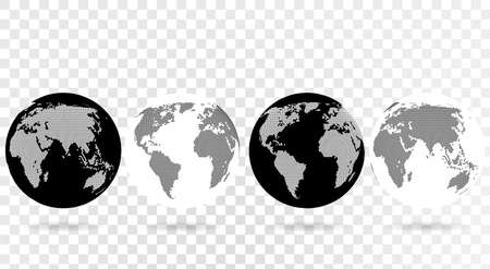 Black and white vector dotted polka dot Earth globes isolated on transparent background.のイラスト素材