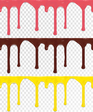Set of horizontal seamless drip glaze. Chocolate, pink and yellow isolated on transparent background.のイラスト素材