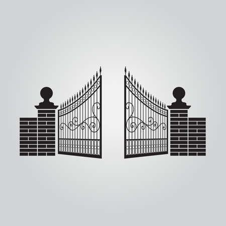 Vector fence silhouette set isolated. Iron and brick fence decorative shape collection. Architecture gate and fence objectsのイラスト素材