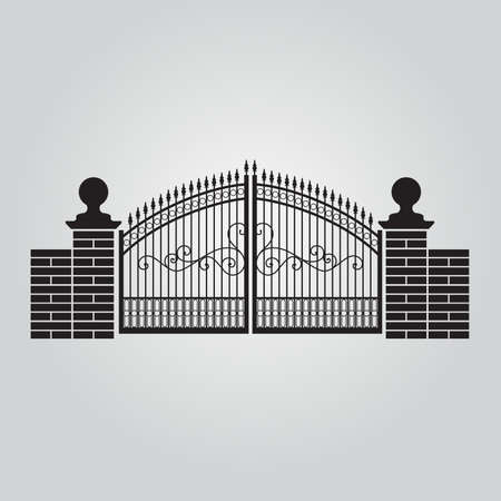Vector fence silhouette set isolated. Iron and brick fence decorative shape collection. Architecture gate and fence objectsのイラスト素材
