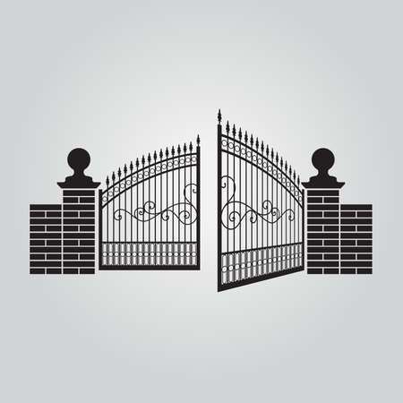 Vector fence silhouette set isolated. Iron and brick fence decorative shape collection. Architecture gate and fence objectsのイラスト素材