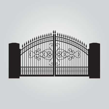Vector fence silhouette set isolated. Iron and brick fence decorative shape collection. Architecture gate and fence objectsのイラスト素材