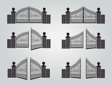 Vector fence silhouette set isolated. Iron and brick fence decorative shape collection. Architecture gate and fence objectsのイラスト素材