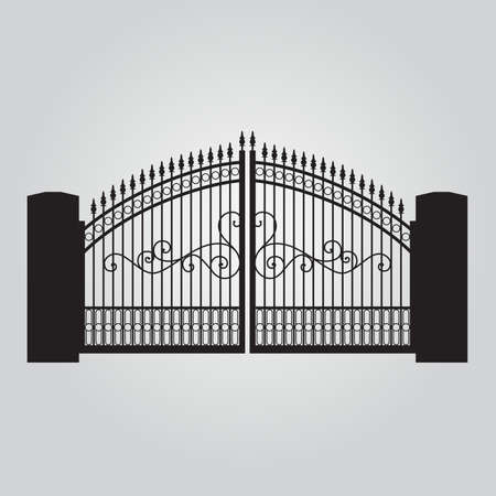 Vector fence silhouette set isolated. Iron and brick fence decorative shape collection. Architecture gate and fence objectsのイラスト素材